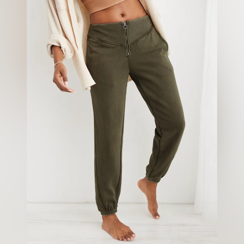 Aerie Nomad Olive Fleece Zipper Corset Lounge Joggers Size Small